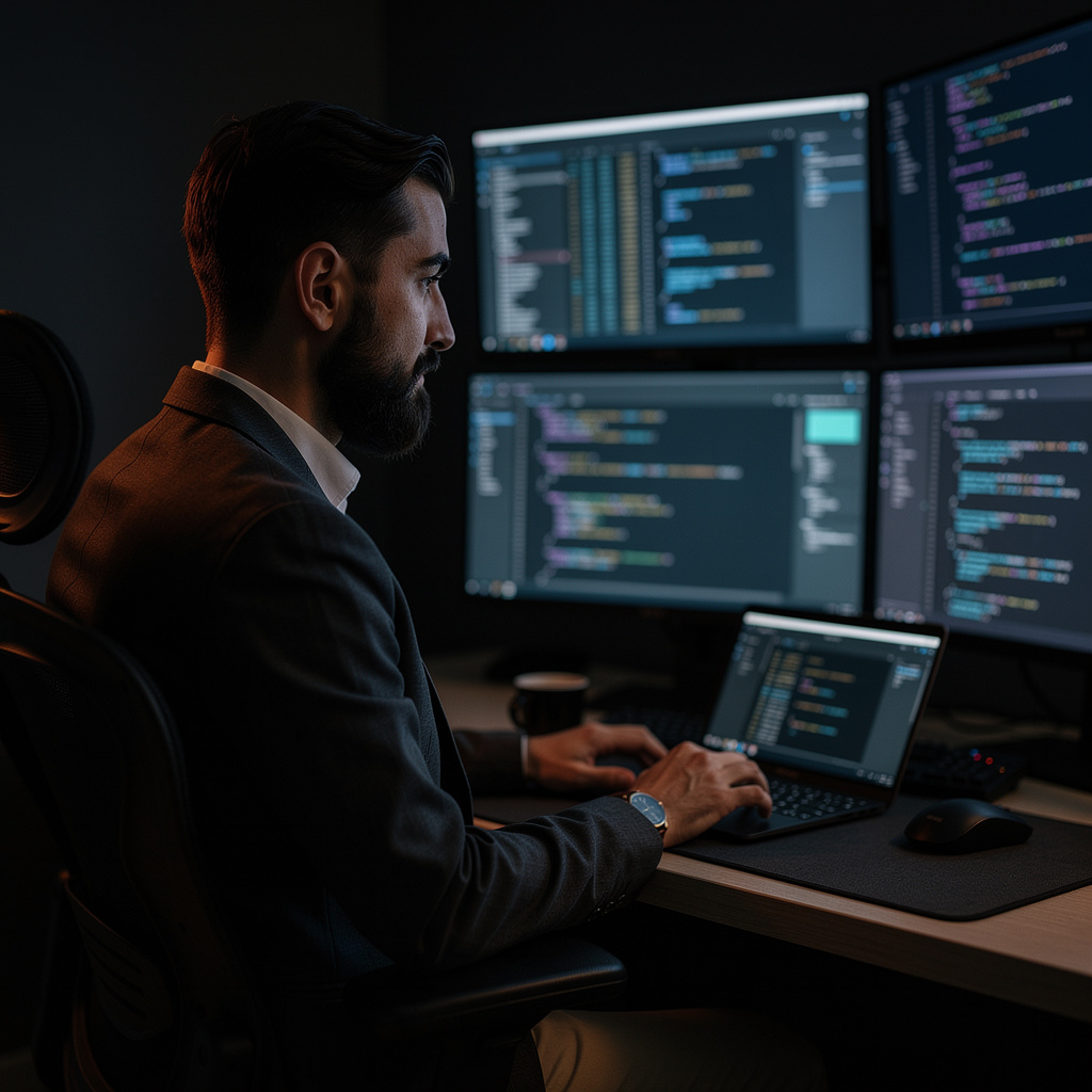 Diego Lovatti desenvolvendo sistemas — múltiplos monitores com código